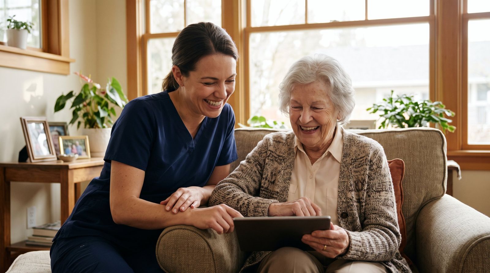 A caregiver in navy scrubs sharing a laugh with an older woman over a tablet in a bright living room